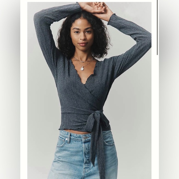 Anthropologie Tops - Brand New Anthropologie Pilcro Textured Charcoal Gray Wrap Knit Top, Small NWT